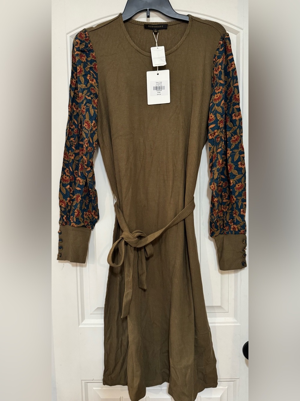 DownEast Olive Ribbed Long-Sleeve Tie-Waist Dress with Floral Accent Sleeves